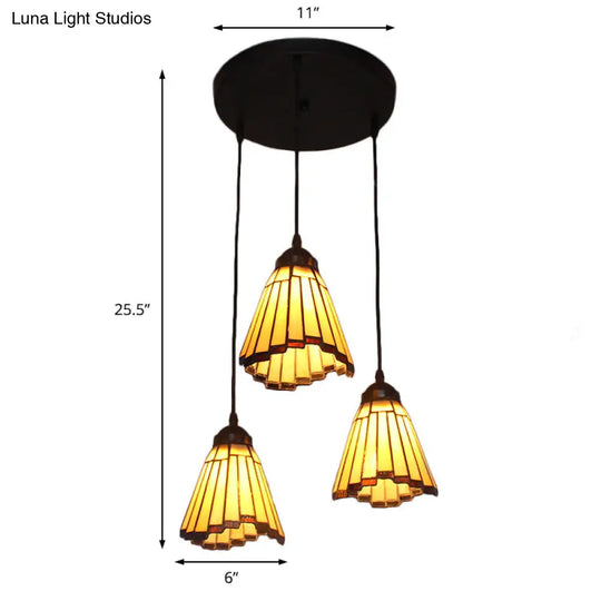 Stained Glass Tiffany-Style Pendant Light With Conical Cluster Design - 3 Bulbs Beige Perfect For