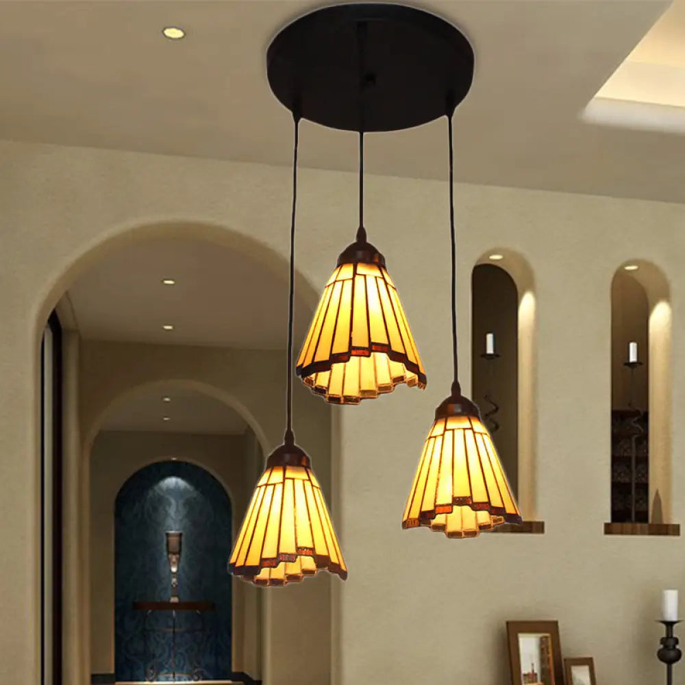 Tiffany-Style Conical Pendant Light With 3 Bulbs In Beige For Hallway
