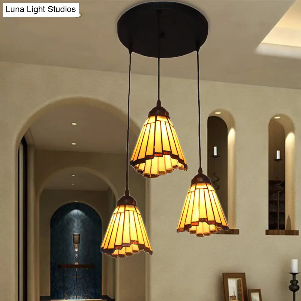 Stained Glass Tiffany-Style Pendant Light With Conical Cluster Design - 3 Bulbs Beige Perfect For