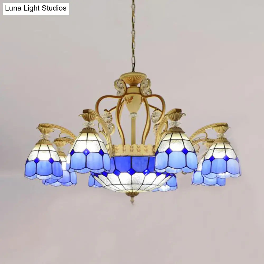 Tiffany Style Cut Glass Hanging Chandelier With 8/11 Domed Lights In Orange/Blue/Dark Blue