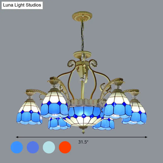 Tiffany Style Cut Glass Hanging Chandelier With 8/11 Domed Lights In Orange/Blue/Dark Blue