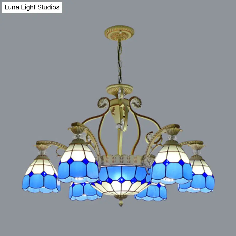 Tiffany Style Cut Glass Hanging Chandelier With 8/11 Domed Lights In Orange/Blue/Dark Blue