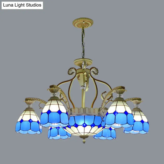 Tiffany Style Cut Glass Hanging Chandelier With 8/11 Domed Lights In Orange/Blue/Dark Blue