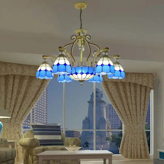 Tiffany Style Cut Glass Hanging Chandelier With 8/11 Domed Lights In Orange/Blue/Dark Blue