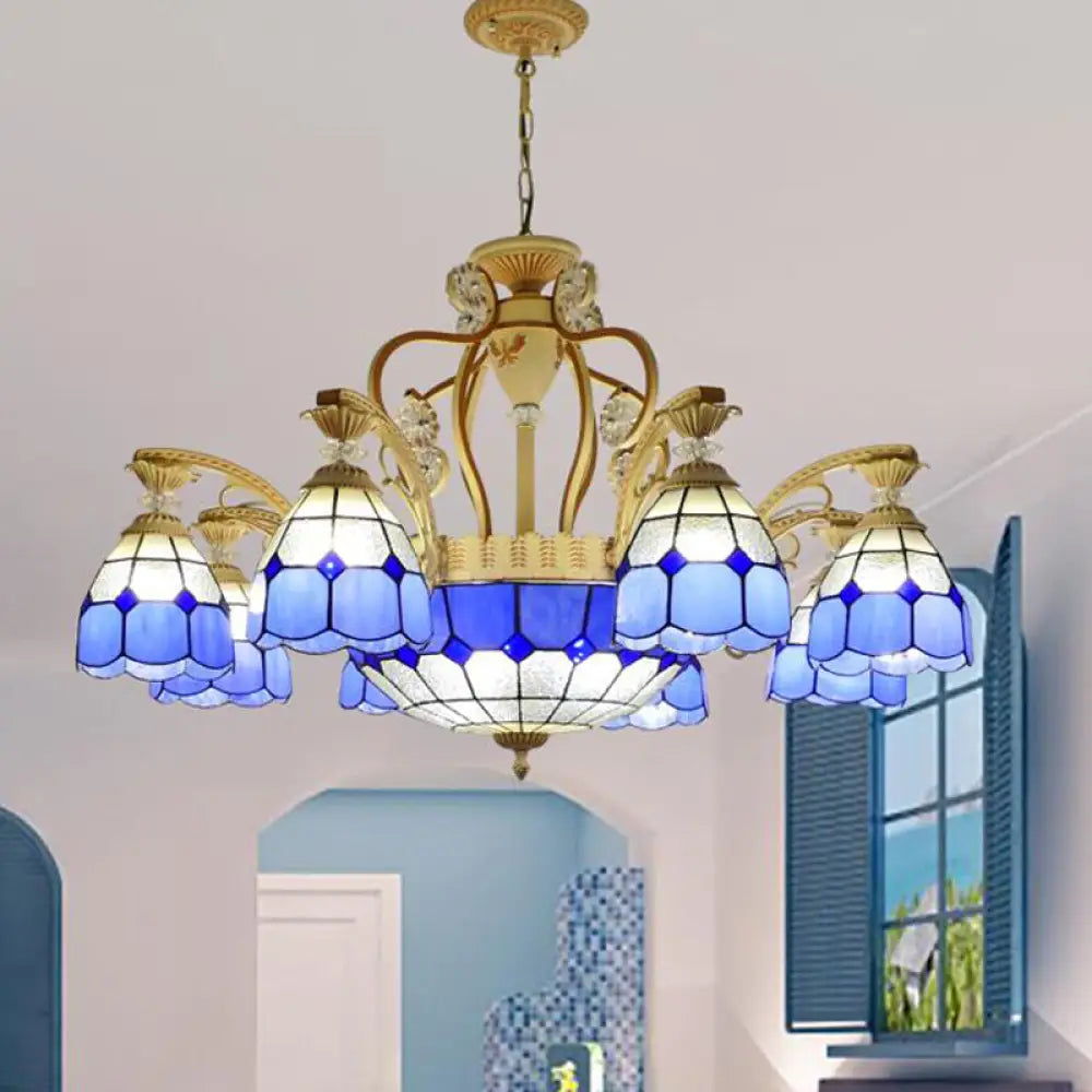 Tiffany Style Cut Glass Hanging Chandelier With 8/11 Domed Lights In Orange/Blue/Dark Blue