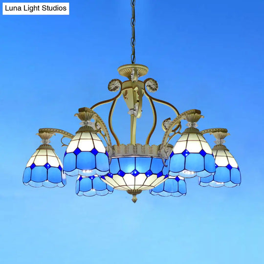 Tiffany Style Cut Glass Hanging Chandelier With 8/11 Domed Lights In Orange/Blue/Dark Blue