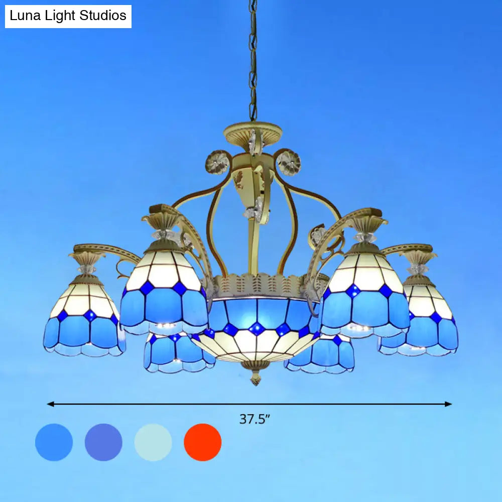 Tiffany Style Cut Glass Hanging Chandelier With 8/11 Domed Lights In Orange/Blue/Dark Blue