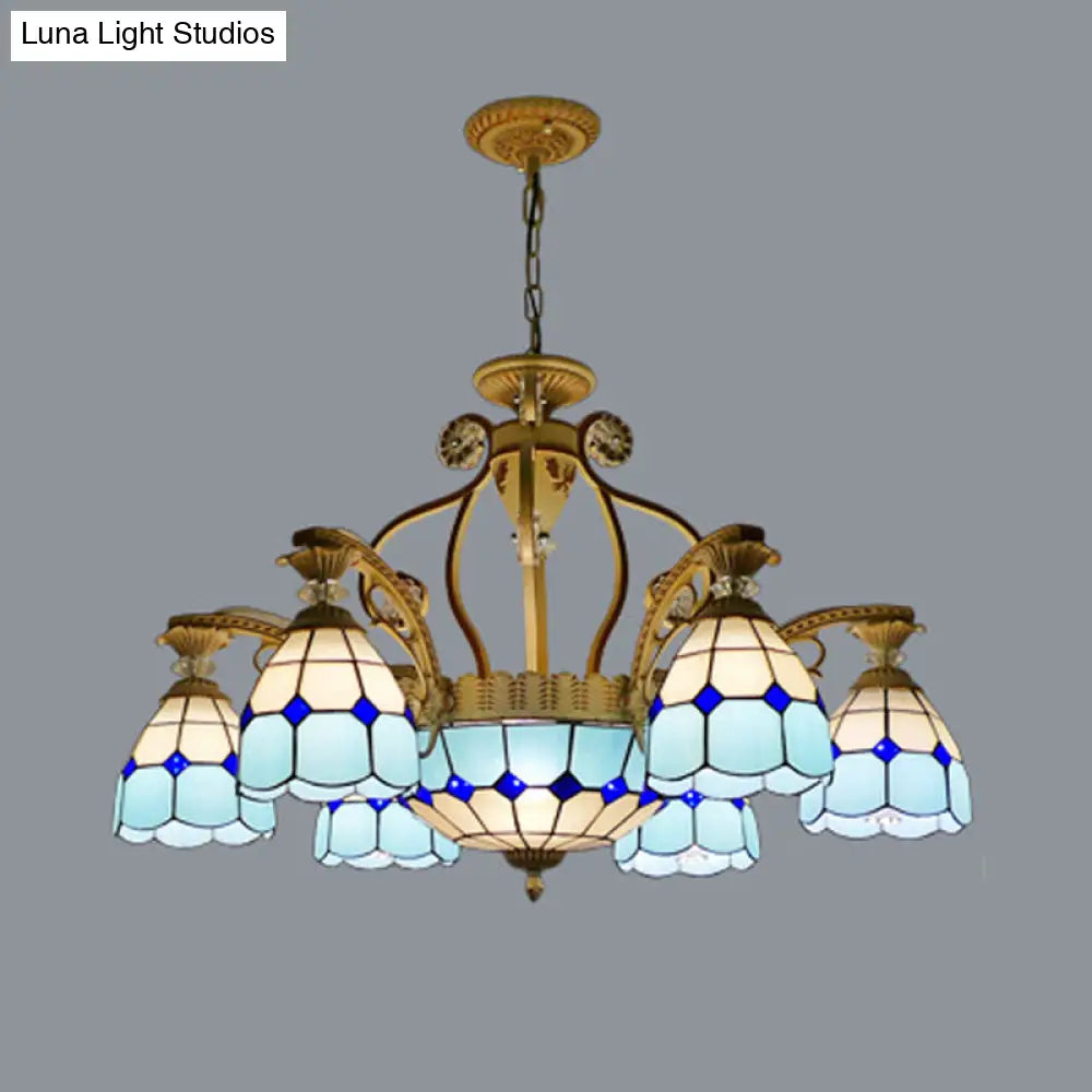 Tiffany Style Cut Glass Hanging Chandelier With 8/11 Domed Lights In Orange/Blue/Dark Blue