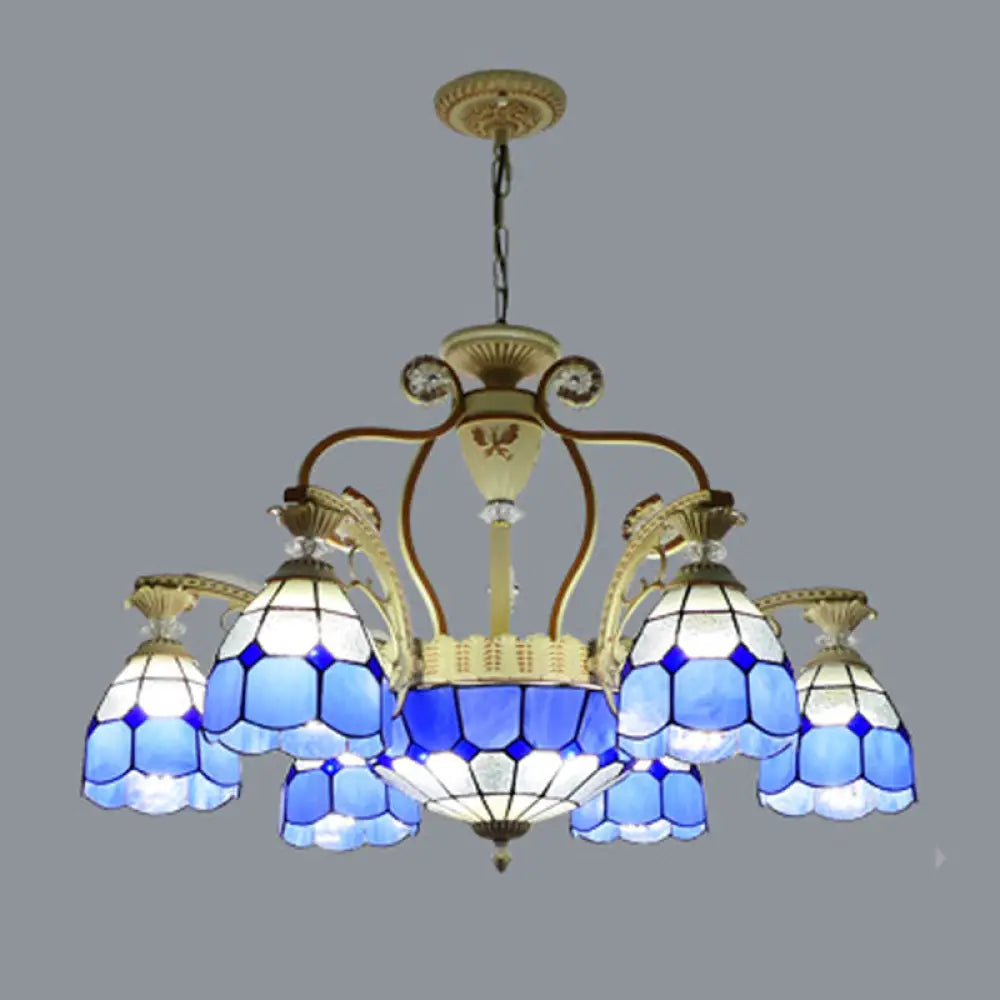 Tiffany Style Cut Glass Hanging Chandelier With 8/11 Domed Lights In Orange/Blue/Dark Blue