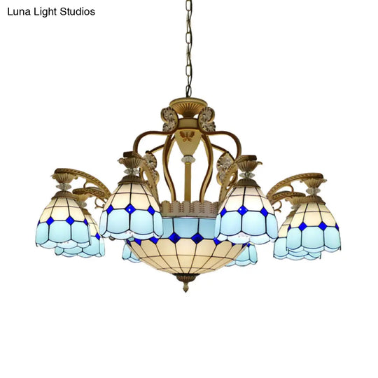 Tiffany Style Cut Glass Hanging Chandelier With 8/11 Domed Lights In Orange/Blue/Dark Blue