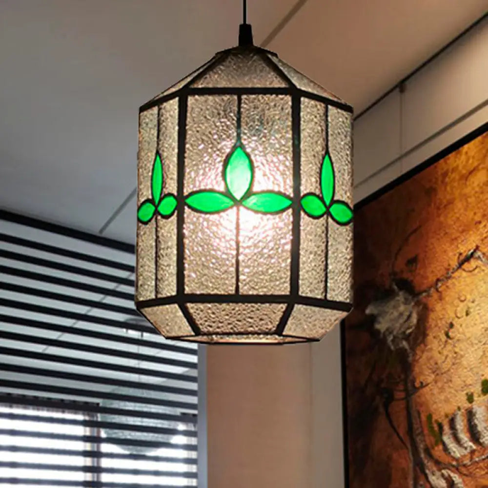 Tiffany Style Cylinder Hanging Light With Rhombus/Leaf Pattern - 1 Red/Green Down On Stainless