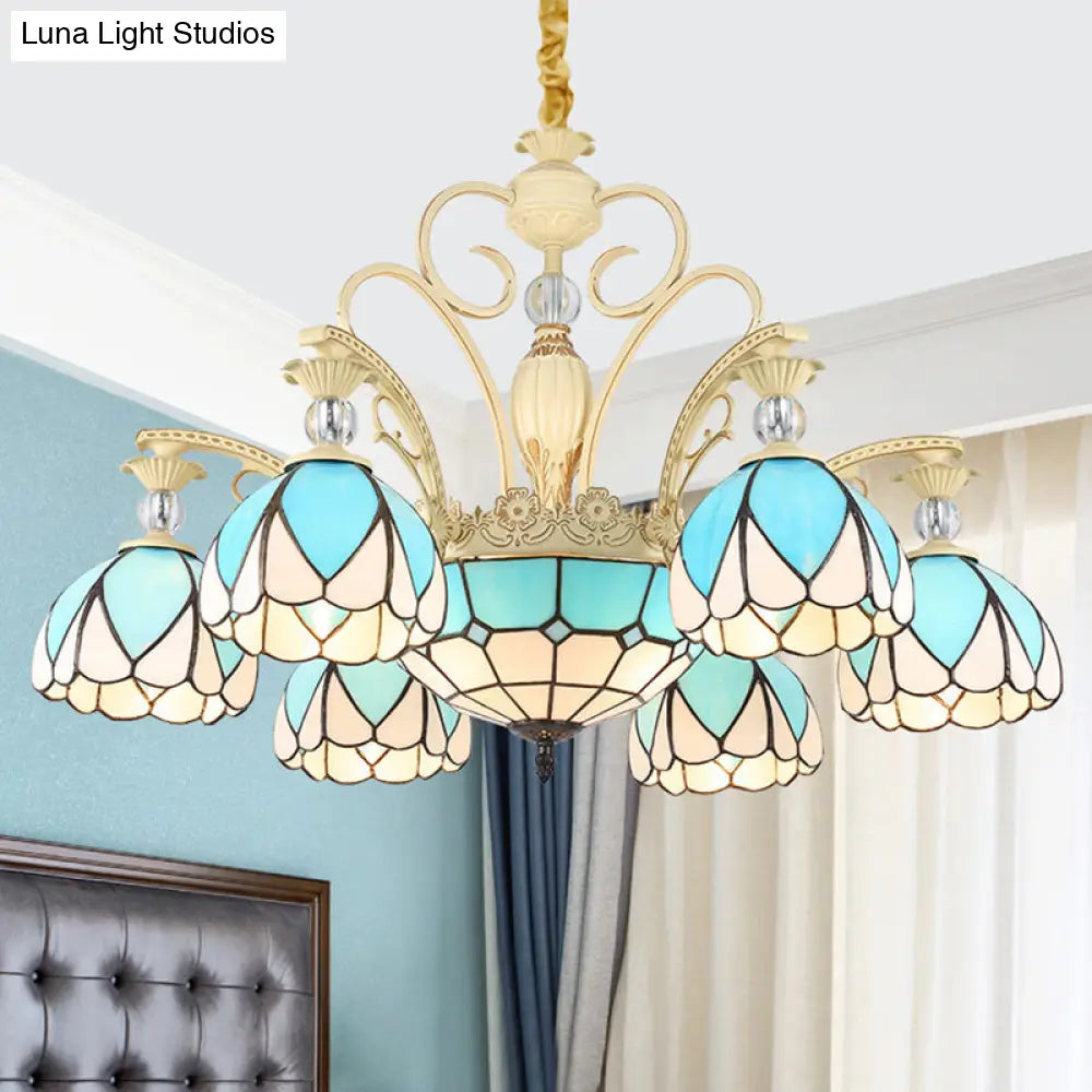 Sky Blue Tiffany Style Dome Chandelier Pendant - 3/6/9 Lights For Bedroom Lighting