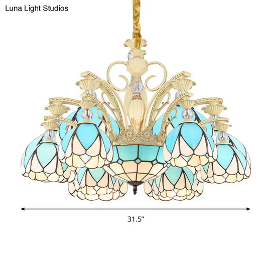 Sky Blue Tiffany Style Dome Chandelier Pendant - 3/6/9 Lights For Bedroom Lighting