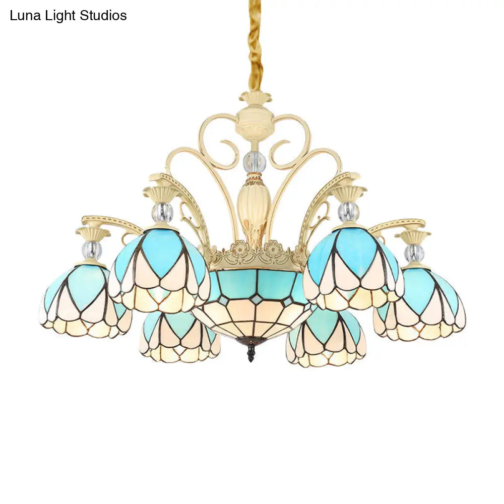 Sky Blue Tiffany Style Dome Chandelier Pendant - 3/6/9 Lights For Bedroom Lighting