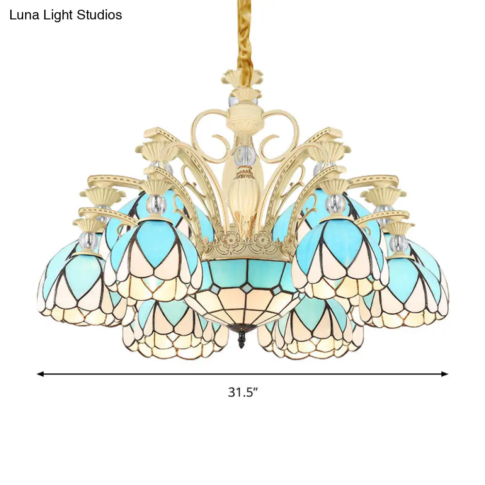 Tiffany Style Dome Chandelier With Blue Down Lighting - 3/6/9 Lights For Bedroom