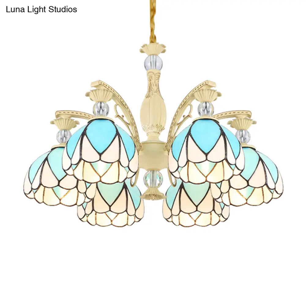 Sky Blue Tiffany Style Dome Chandelier Pendant - 3/6/9 Lights For Bedroom Lighting