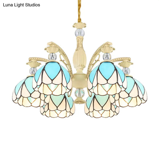 Sky Blue Tiffany Style Dome Chandelier Pendant - 3/6/9 Lights For Bedroom Lighting