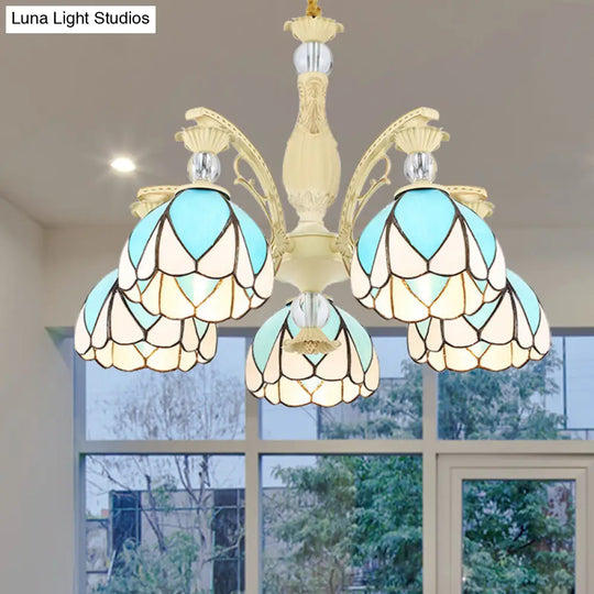 Sky Blue Tiffany Style Dome Chandelier Pendant - 3/6/9 Lights For Bedroom Lighting