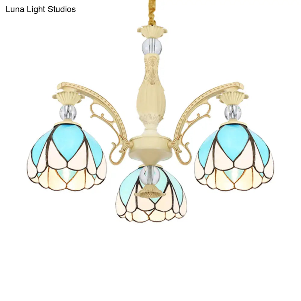 Tiffany Style Dome Chandelier With Blue Down Lighting - 3/6/9 Lights For Bedroom