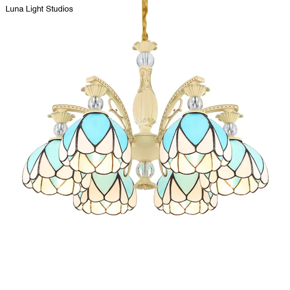 Tiffany Style Dome Chandelier With Blue Down Lighting - 3/6/9 Lights For Bedroom