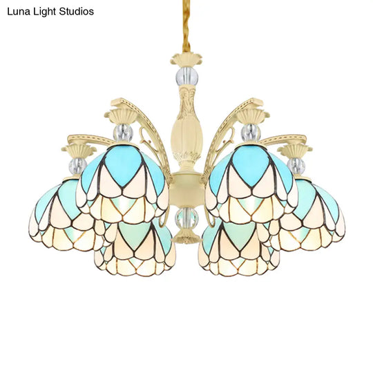 Tiffany Style Dome Chandelier With Blue Down Lighting - 3/6/9 Lights For Bedroom