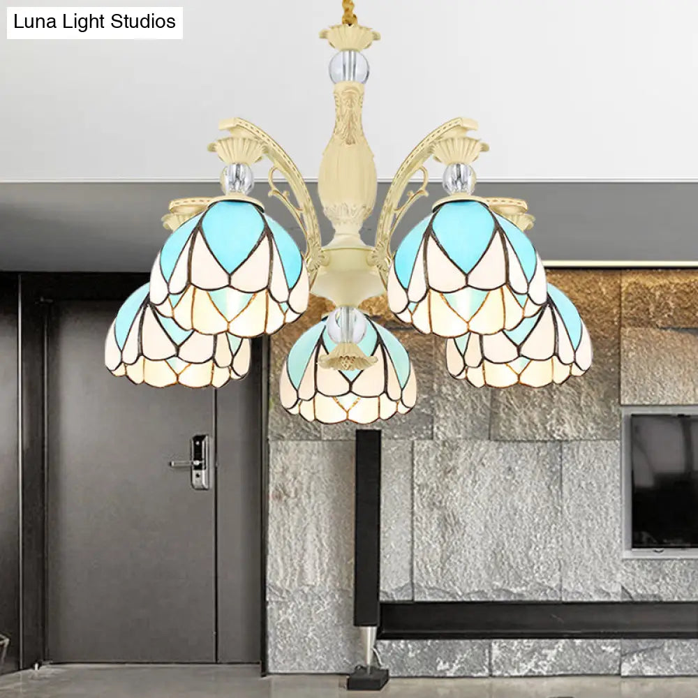 Tiffany Style Dome Chandelier With Blue Down Lighting - 3/6/9 Lights For Bedroom