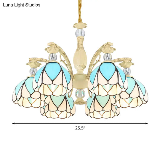 Tiffany Style Dome Chandelier With Blue Down Lighting - 3/6/9 Lights For Bedroom