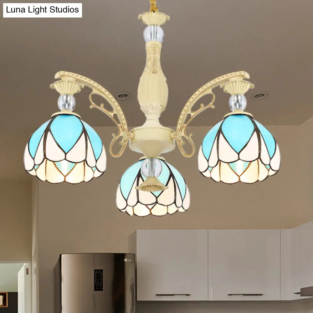 Tiffany Style Dome Chandelier With Blue Down Lighting - 3/6/9 Lights For Bedroom