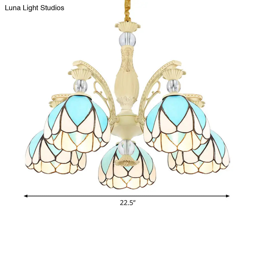 Sky Blue Tiffany Style Dome Chandelier Pendant - 3/6/9 Lights For Bedroom Lighting