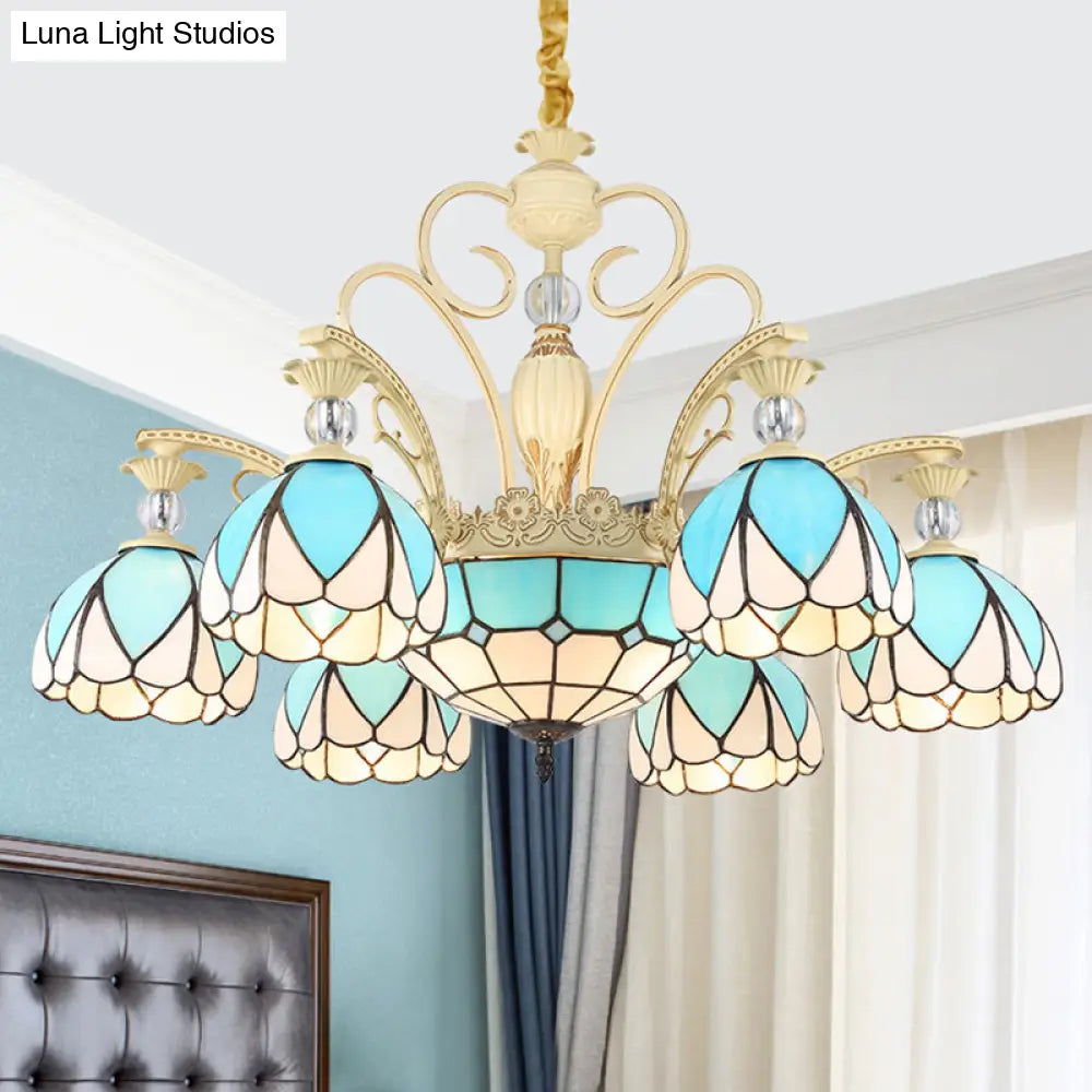 Tiffany Style Dome Chandelier With Blue Down Lighting - 3/6/9 Lights For Bedroom