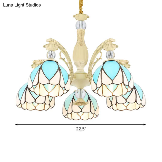 Tiffany Style Dome Chandelier With Blue Down Lighting - 3/6/9 Lights For Bedroom