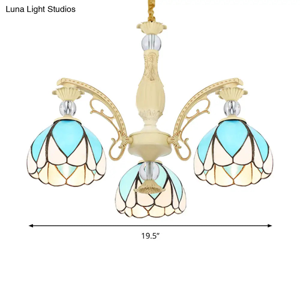 Tiffany Style Dome Chandelier With Blue Down Lighting - 3/6/9 Lights For Bedroom