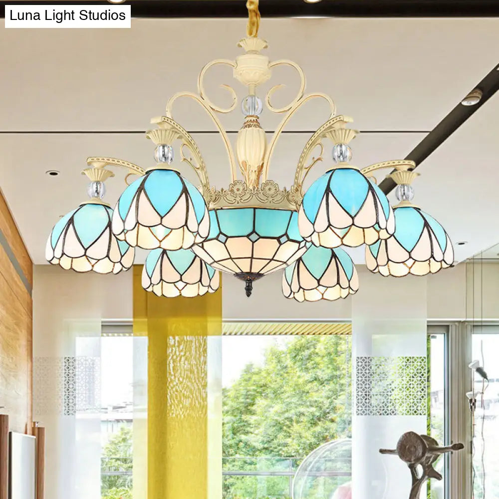 Sky Blue Tiffany Style Dome Chandelier Pendant - 3/6/9 Lights For Bedroom Lighting