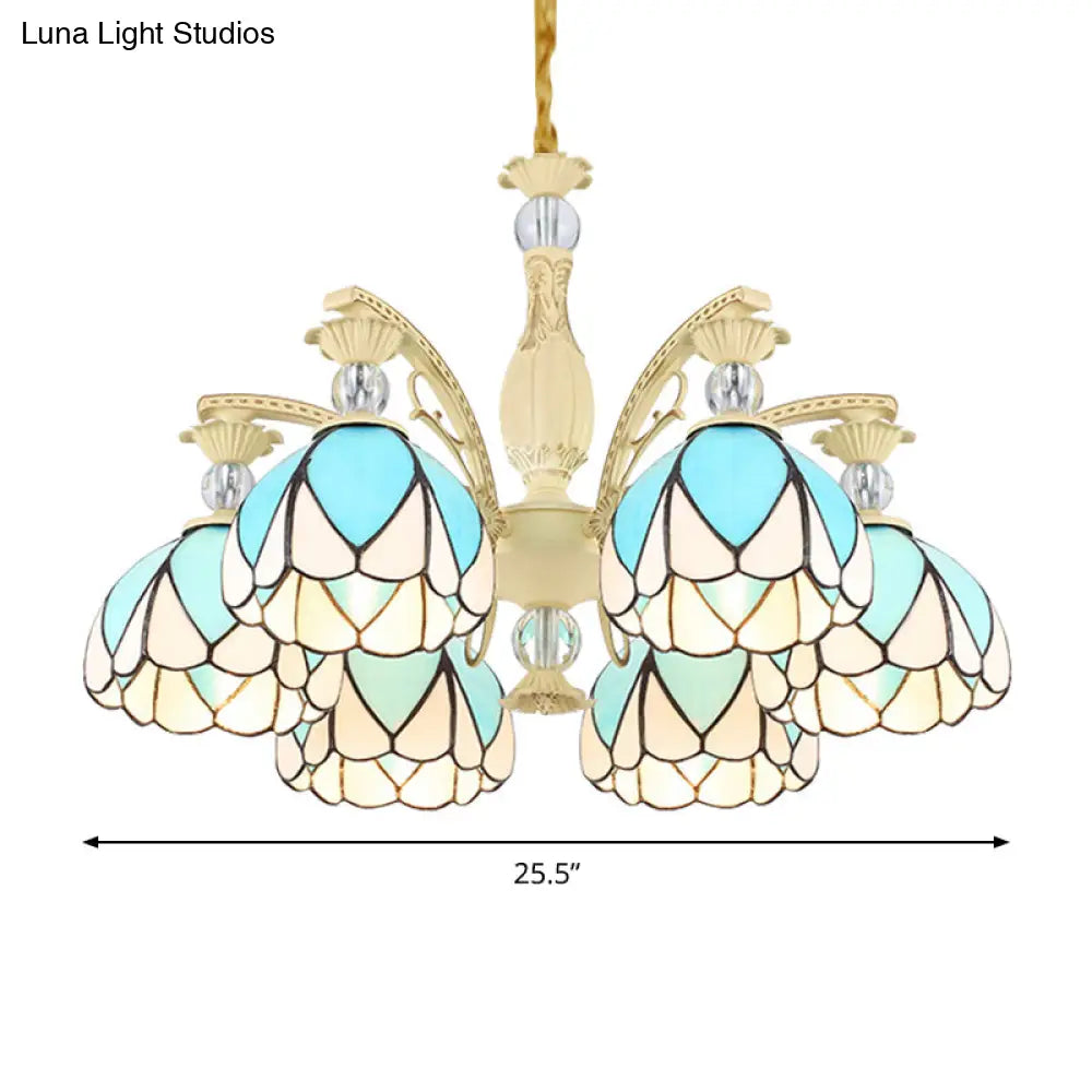 Sky Blue Tiffany Style Dome Chandelier Pendant - 3/6/9 Lights For Bedroom Lighting