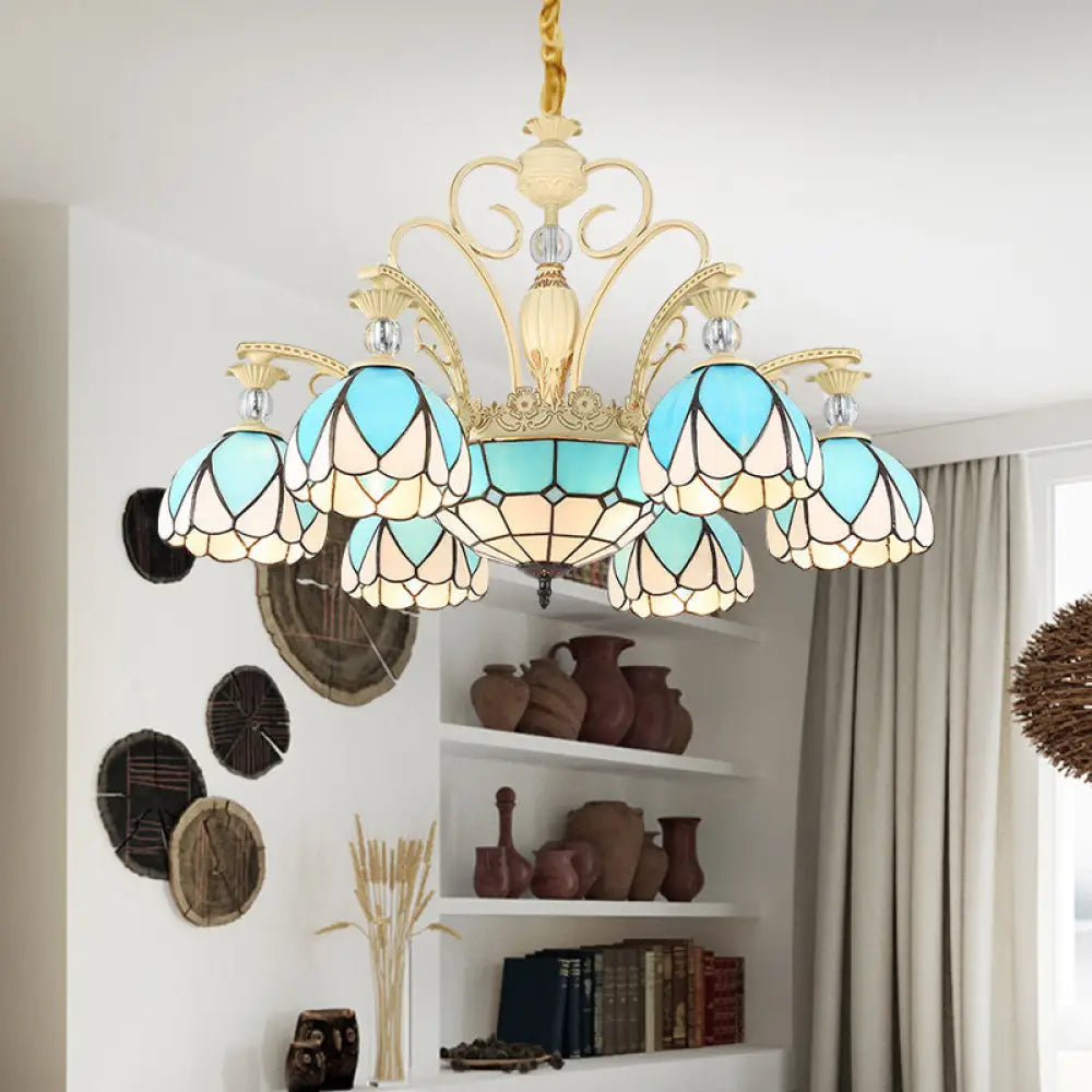 Tiffany Style Dome Chandelier With Blue Down Lighting - 3/6/9 Lights For Bedroom 9 / Sky