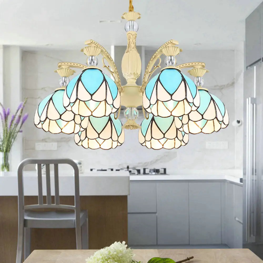 Tiffany Style Dome Chandelier With Blue Down Lighting - 3/6/9 Lights For Bedroom 6 / Sky