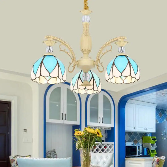 Tiffany Style Dome Chandelier With Blue Down Lighting - 3/6/9 Lights For Bedroom 3 / Sky