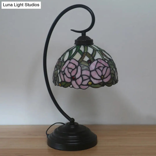 Tiffany Style Dome Cut Glass Table Lamp - Black/White Finish Rose Pattern Night Light