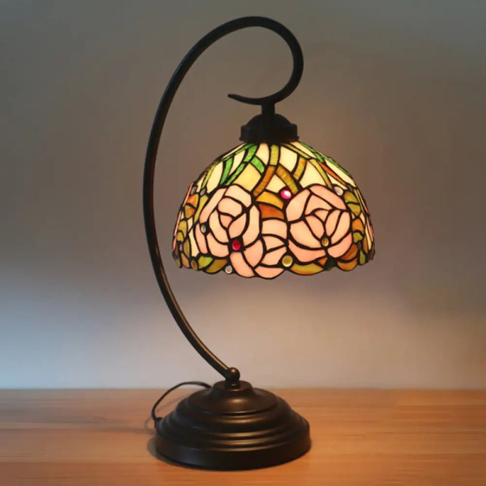 Tiffany Style Dome Cut Glass Table Lamp - Black/White Finish Rose Pattern Night Light White