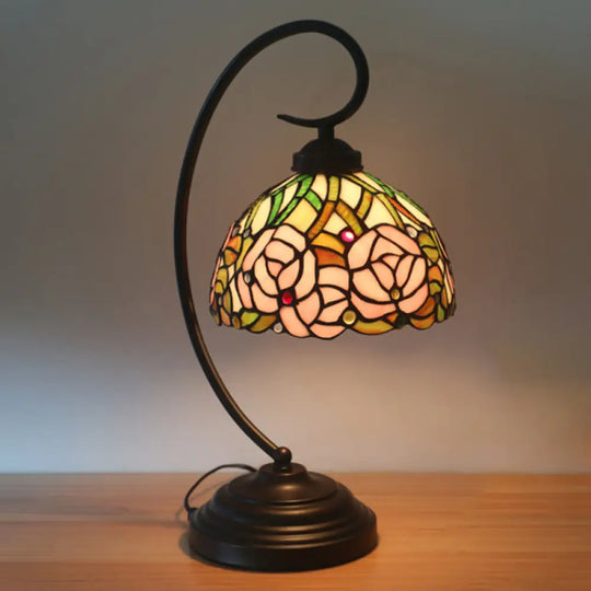 Tiffany Style Dome Cut Glass Table Lamp - Black/White Finish Rose Pattern Night Light White