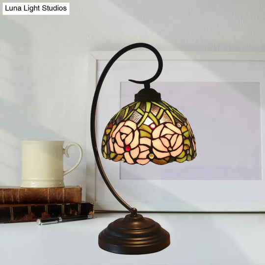 Tiffany Style Dome Cut Glass Table Lamp - Black/White Finish Rose Pattern Night Light