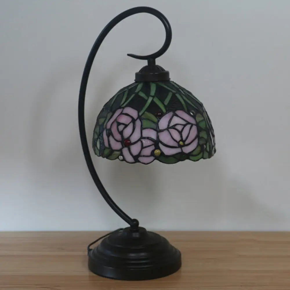 Tiffany Style Dome Cut Glass Table Lamp - Black/White Finish Rose Pattern Night Light Black