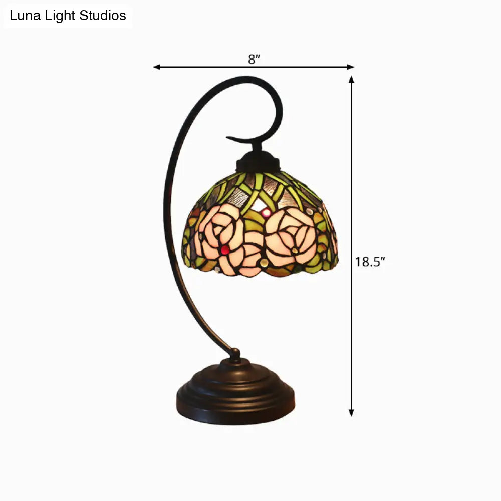 Tiffany Style Dome Cut Glass Table Lamp - Black/White Finish Rose Pattern Night Light