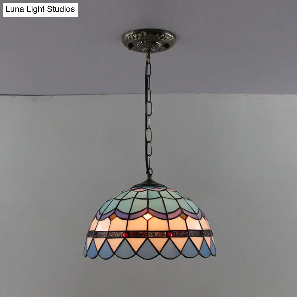 Tiffany-Style Dome Pendant Light - 12 Wide Glass Hanging Lamp For Living Room Blue