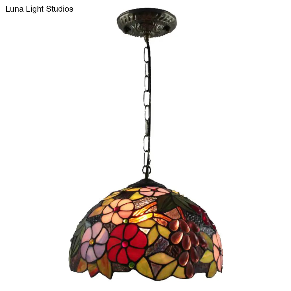 Tiffany-Style Dome Pendant Light - 12’ Wide Glass Hanging Lamp For Living Room