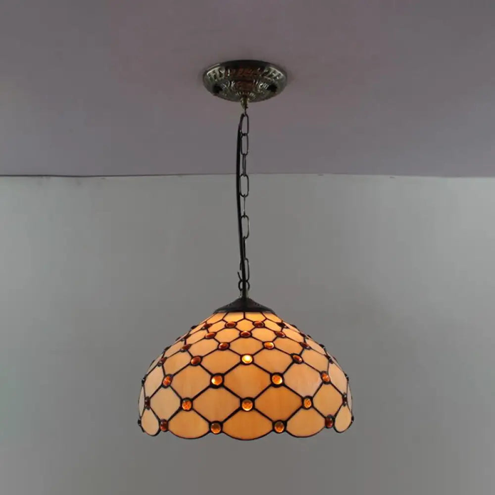 Tiffany-Style Dome Pendant Light - 12’ Wide Glass Hanging Lamp For Living Room Beige