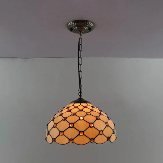 Tiffany-Style Dome Pendant Light - 12’ Wide Glass Hanging Lamp For Living Room Beige