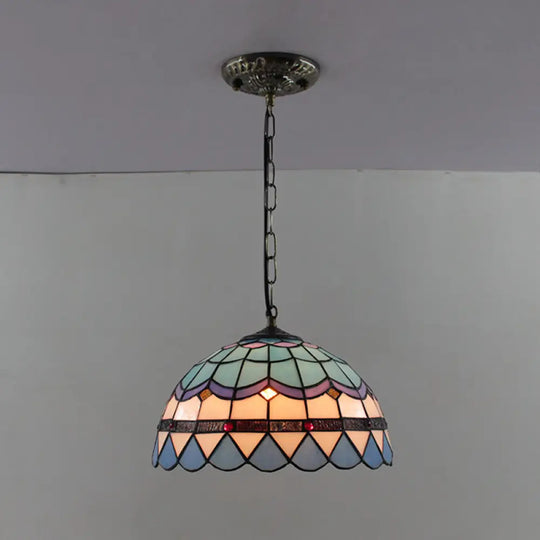 Tiffany-Style Dome Pendant Light - 12’ Wide Glass Hanging Lamp For Living Room Blue