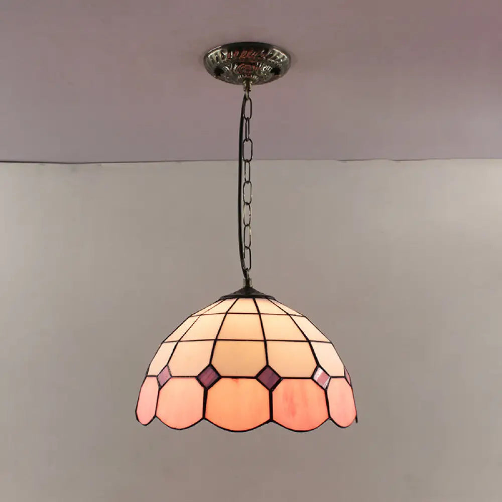 Tiffany-Style Dome Pendant Light - 12’ Wide Glass Hanging Lamp For Living Room Pink