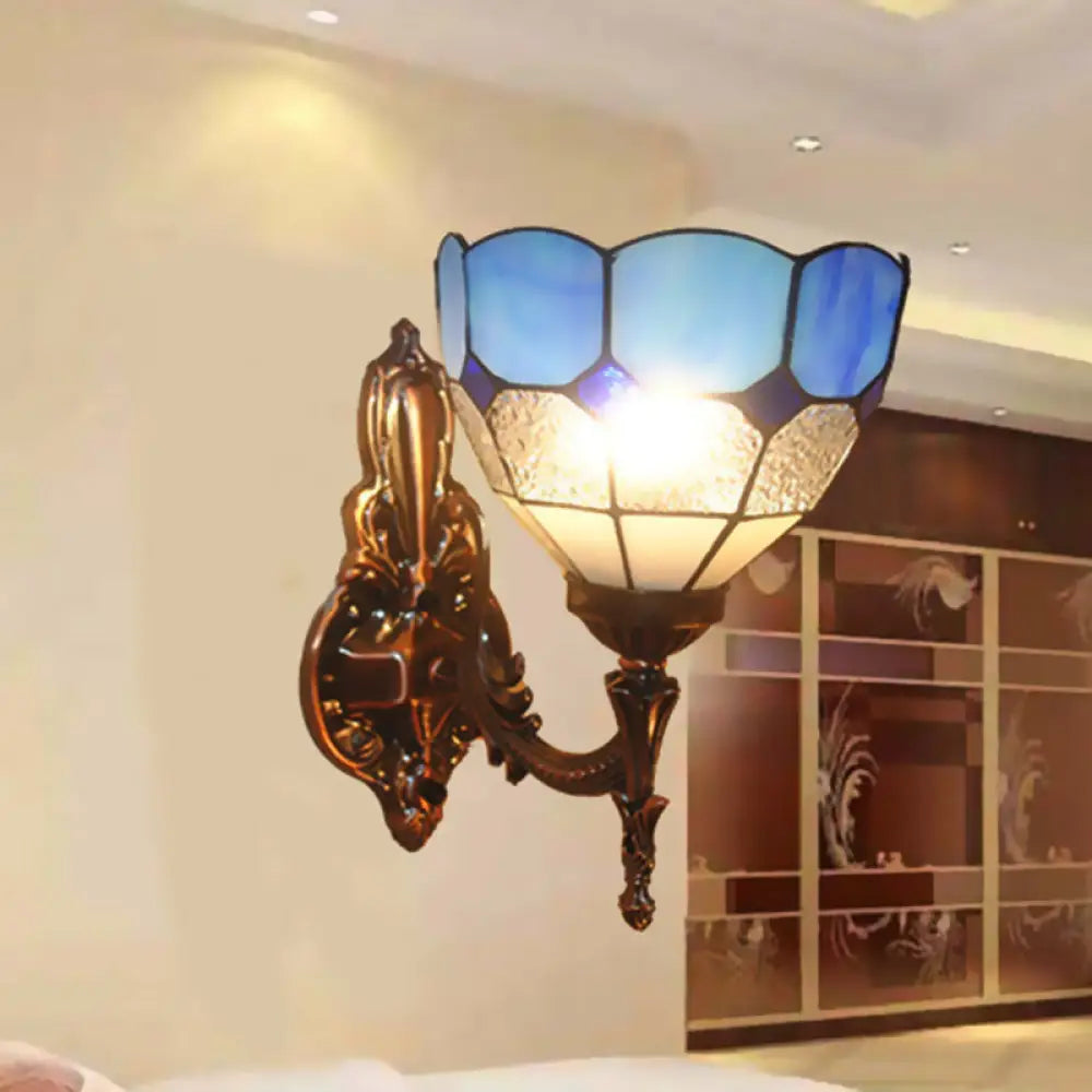 Tiffany Style Dome Stained Glass Sconce Light Fixture - Bedroom Wall Lamp (1-Light Blue/Gold/Tan)